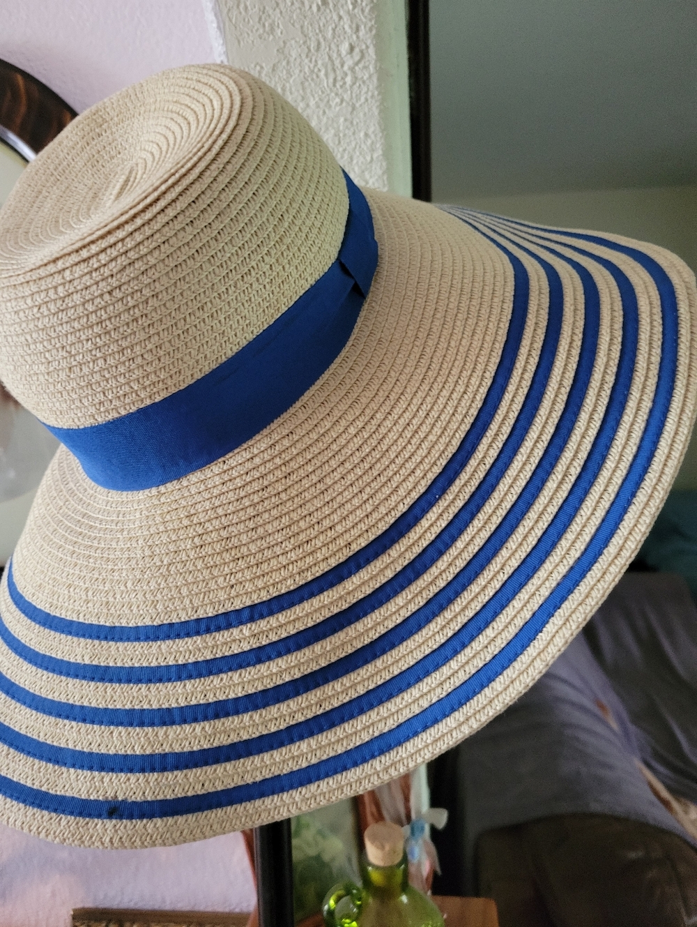 Wide Brim Straw Sun Hat with Blue Trim - Women Accessories